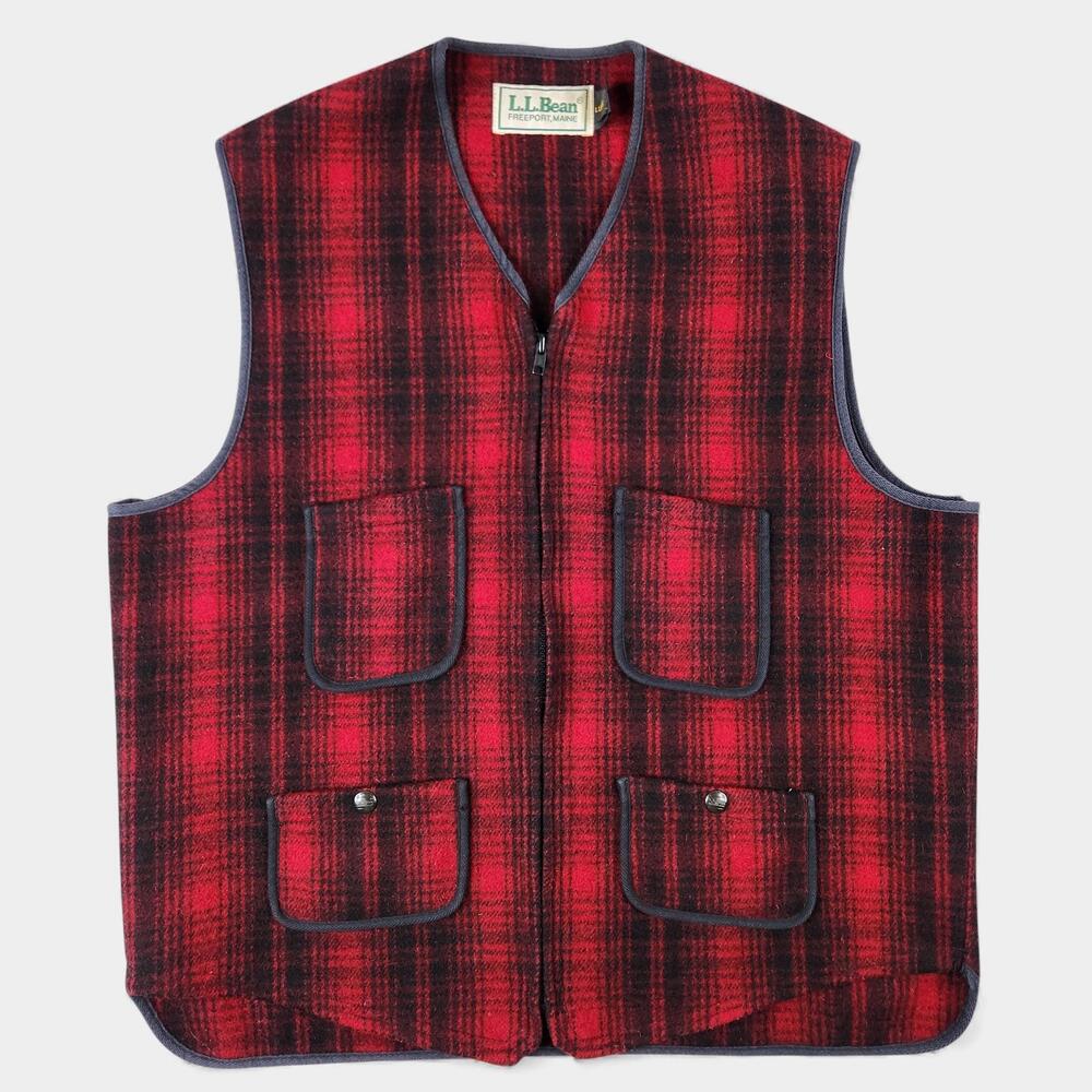 VTG LL Bean Wool Vest Mens Large Long Red Black Plaid Zip Front Hunting Made USA